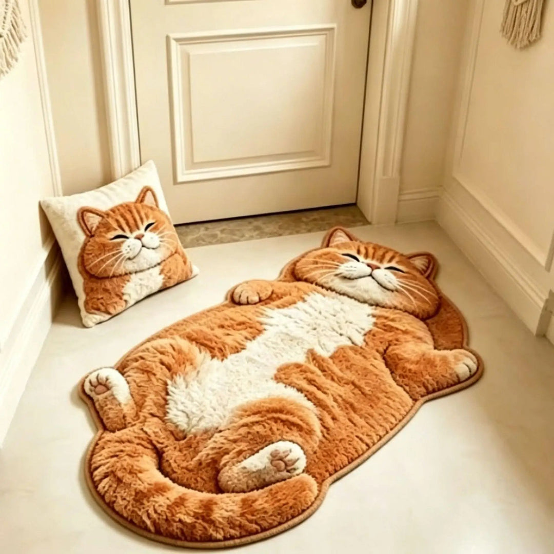 🐱 Chubby Tabby Cat Shaped Long Rug – Cozy Furry-Effect Home Décor
