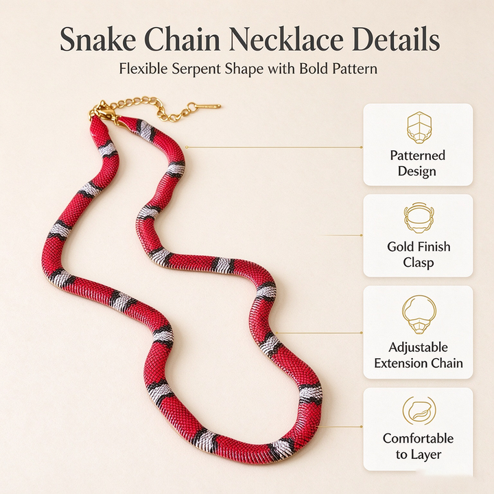 Snake Chain Necklace, Red Black Silver Patterned Statement Necklace