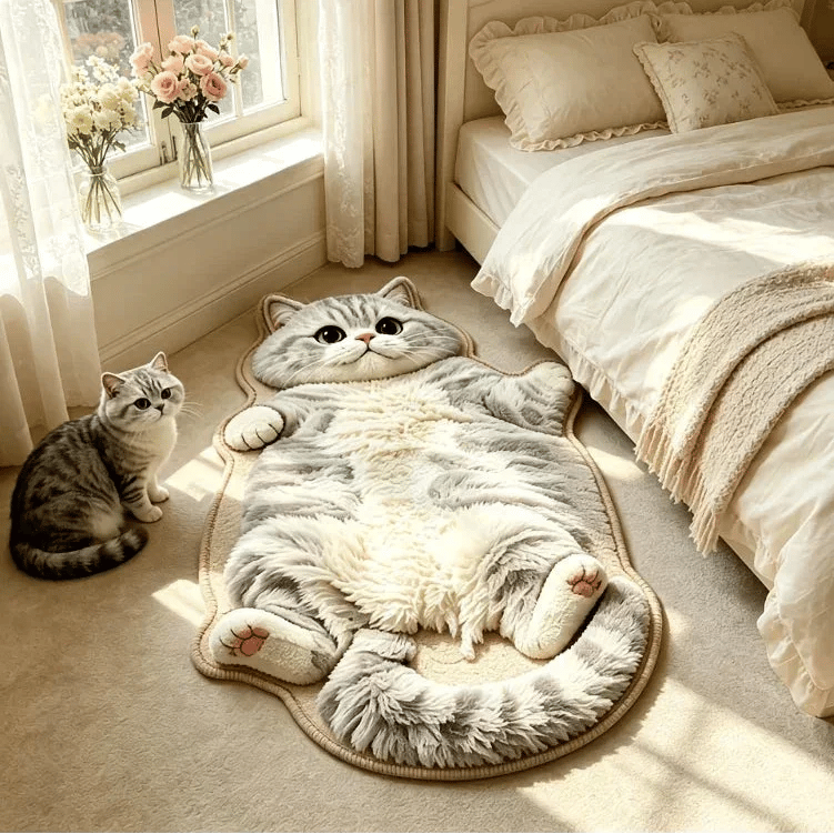 🐱 Chubby Tabby Cat Shaped Long Rug – Cozy Furry-Effect Home Décor