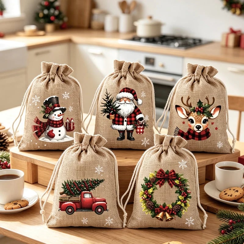 🎄 Christmas Drawstring Gift Bags – Santa & Reindeer Design, Reusable Fabric Gift Wrapping Bags
