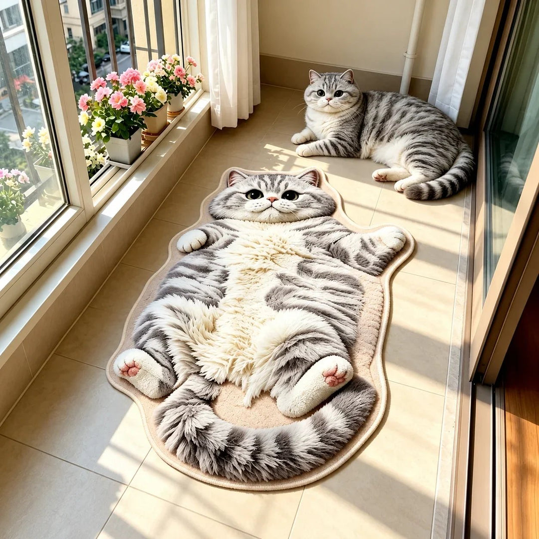🐱 Chubby Tabby Cat Shaped Long Rug – Cozy Furry-Effect Home Décor
