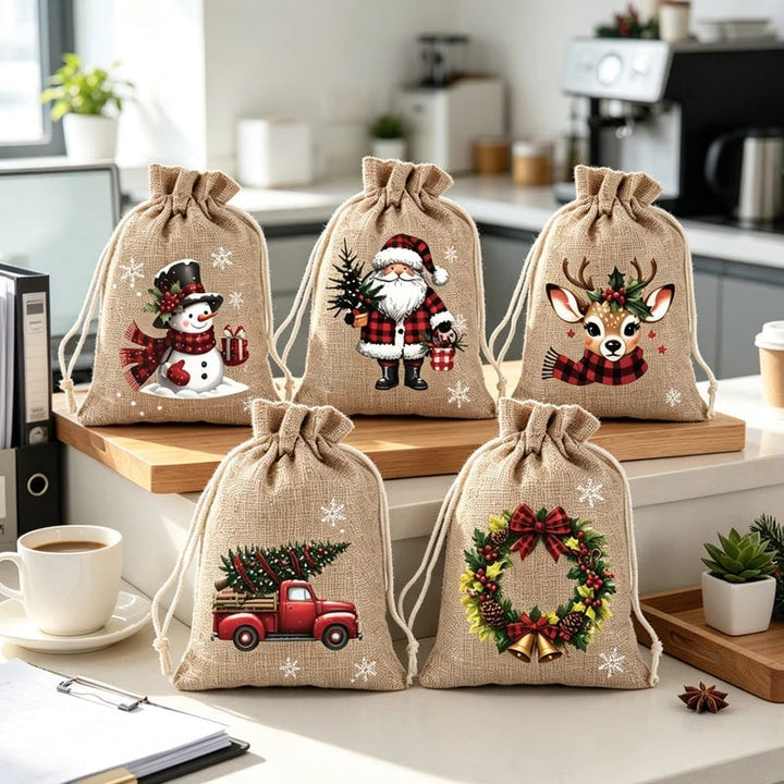 🎄 Christmas Drawstring Gift Bags – Santa & Reindeer Design, Reusable Fabric Gift Wrapping Bags