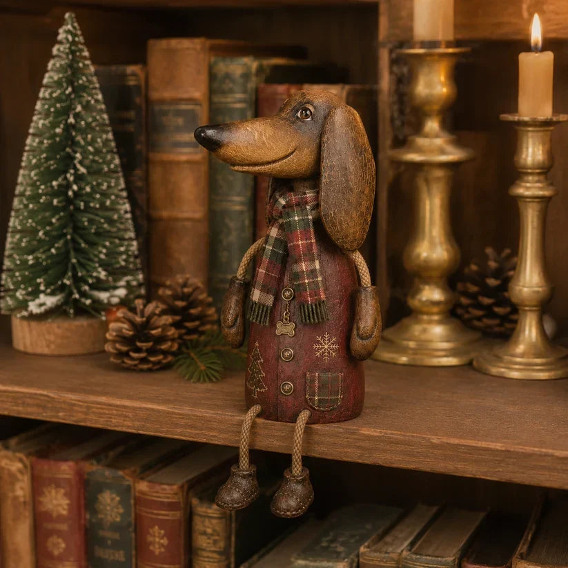 🐾 Vintage Christmas Dachshund Shelf Sitter 🎄 Rustic Farmhouse Holiday Dog Figurine