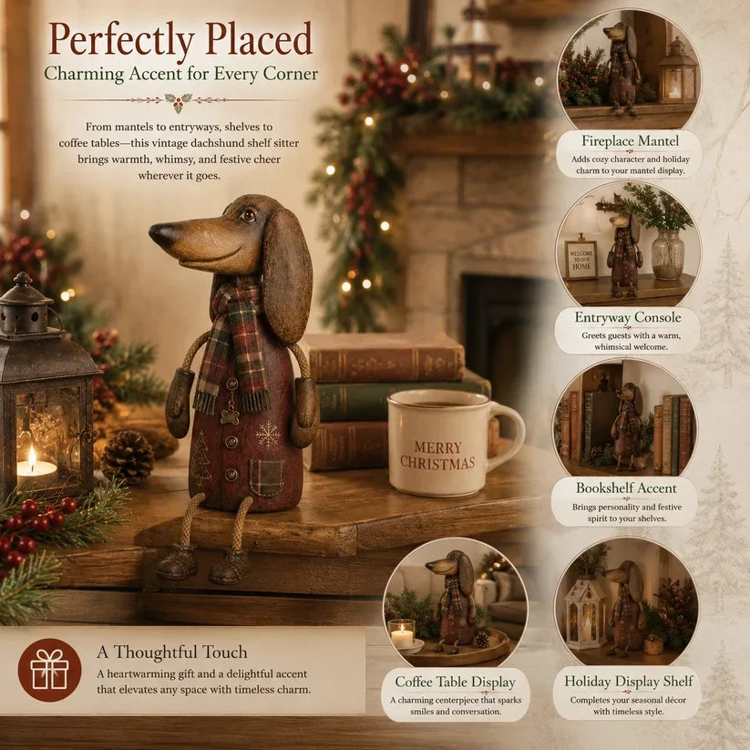 🐾 Vintage Christmas Dachshund Shelf Sitter 🎄 Rustic Farmhouse Holiday Dog Figurine