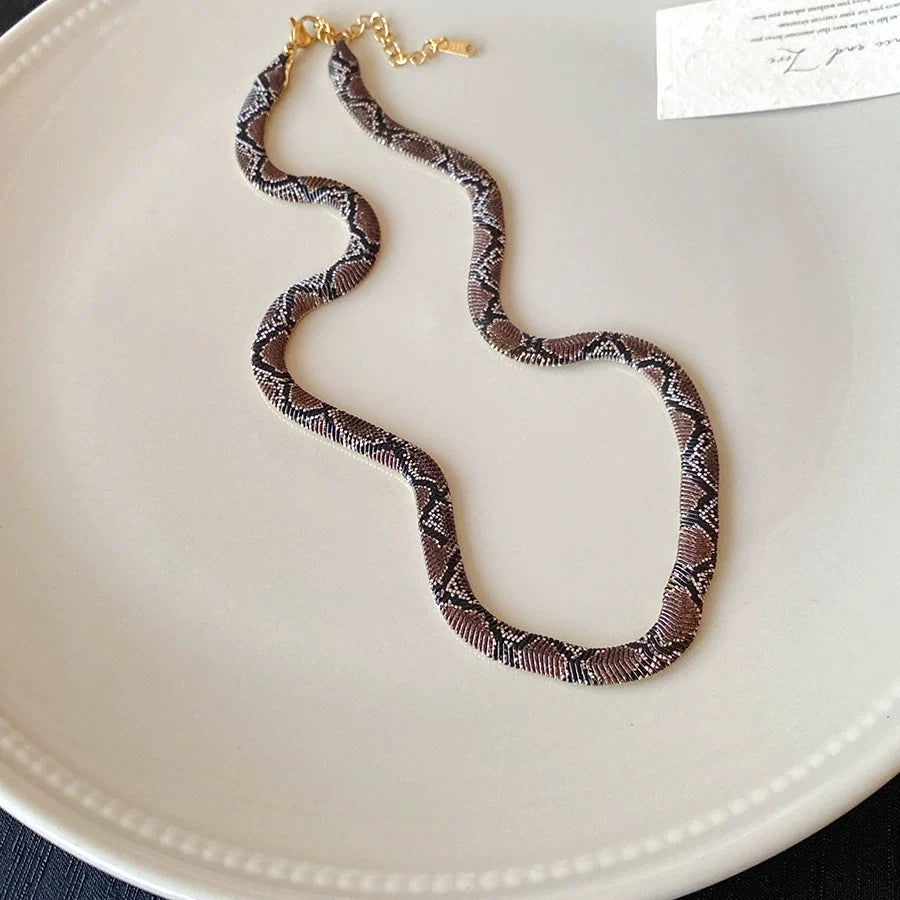 Snake Chain Necklace, Red Black Silver Patterned Statement Necklace