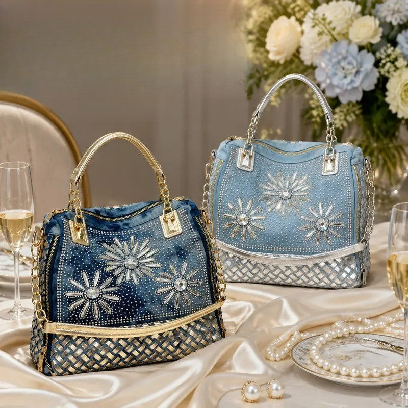 Classy Rhinestone Denim Satchel