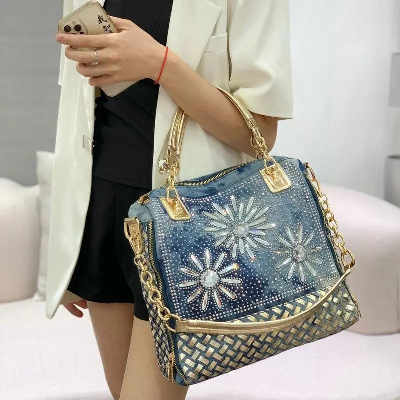Classy Rhinestone Denim Satchel